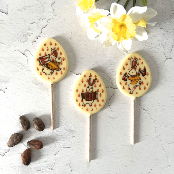 Lolli „Musikhase“ weiße Schokolade 33% und Karamell